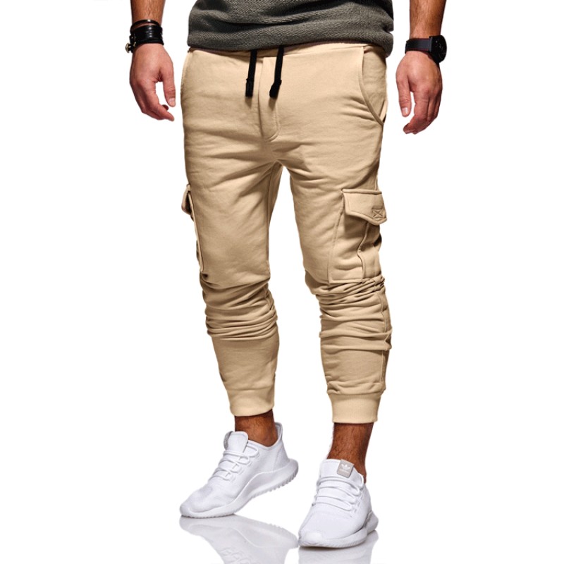 Men Casual Solid Fashion Tie Elastic Multi-Pocket Track Pants