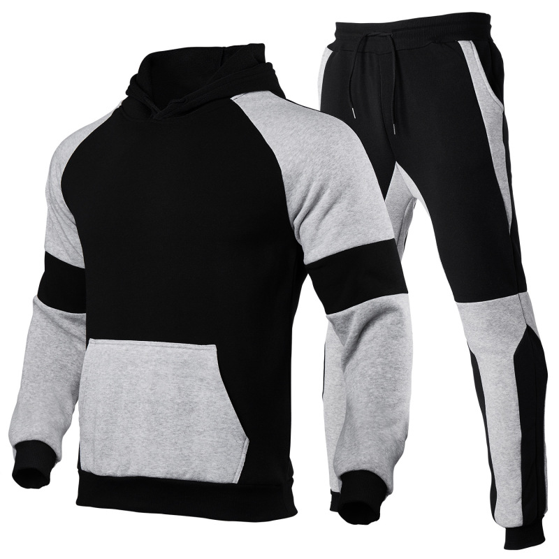 Men Casual Stitching Plus Fleece Hoodies And Pants Two-Piece Set