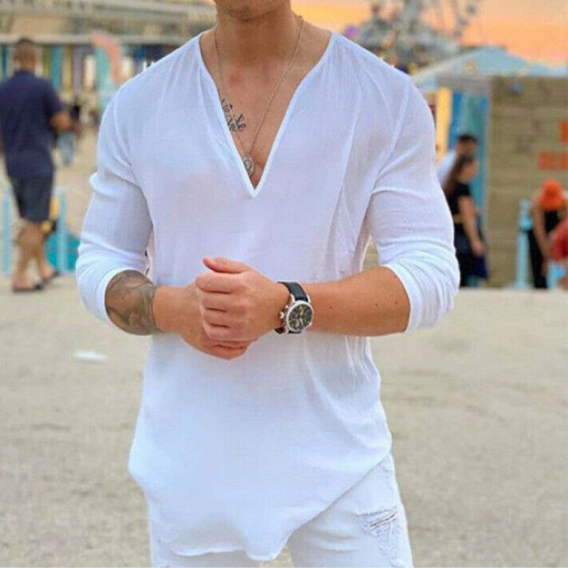 Men'S Casual Solid Color V-Neck Long-Sleeved T-Shirt