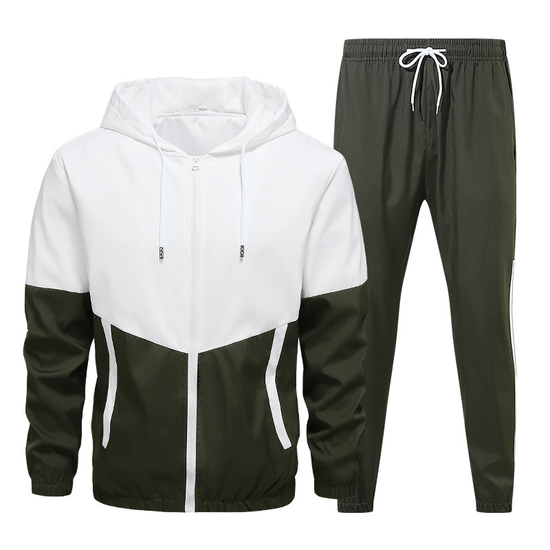 Men Spring Autumn Casual Sports Colorblock Hooded Long Sleeve Zipper Coat Trousers Plus Size Sets