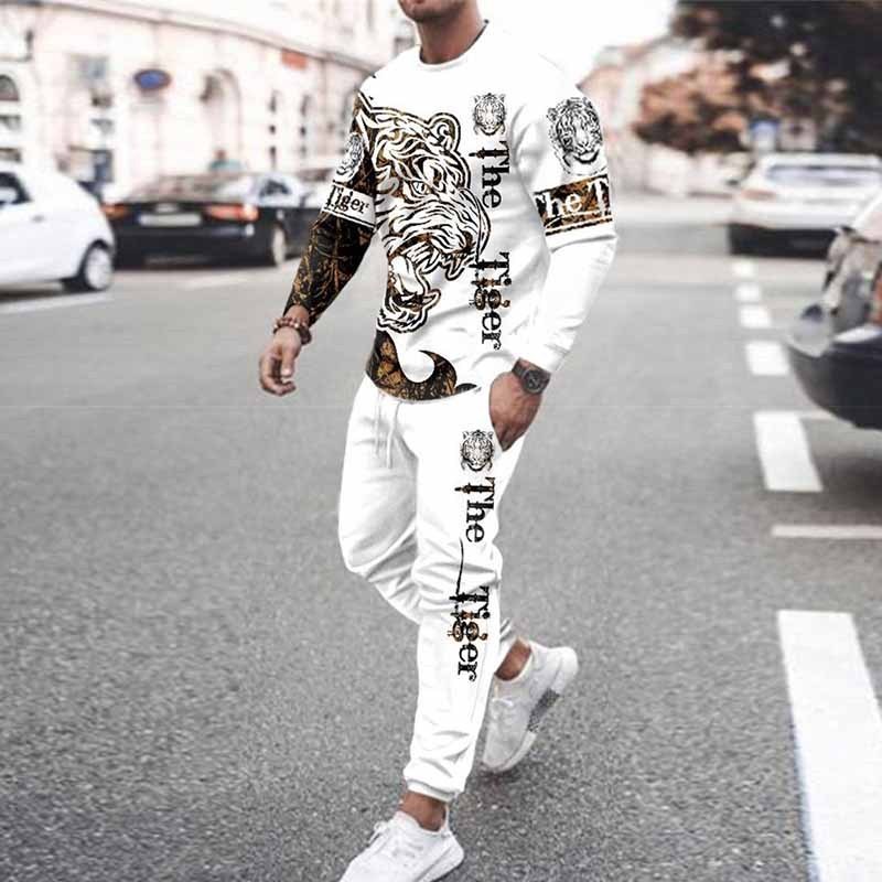Men Fashion Casual Personality 3D Print Plus Size Long Sleeve Round Neck Sweatshirts Trousers Sets