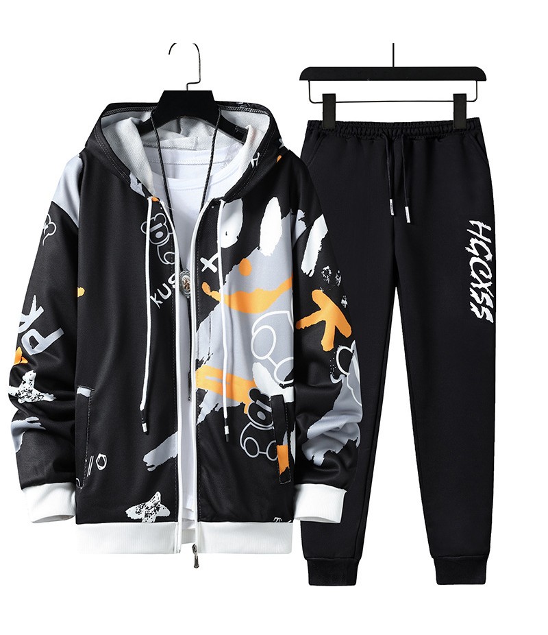 Men Fashion Casual Cartoon Print Long Sleeve Round Neck Hoodies Trousers Set