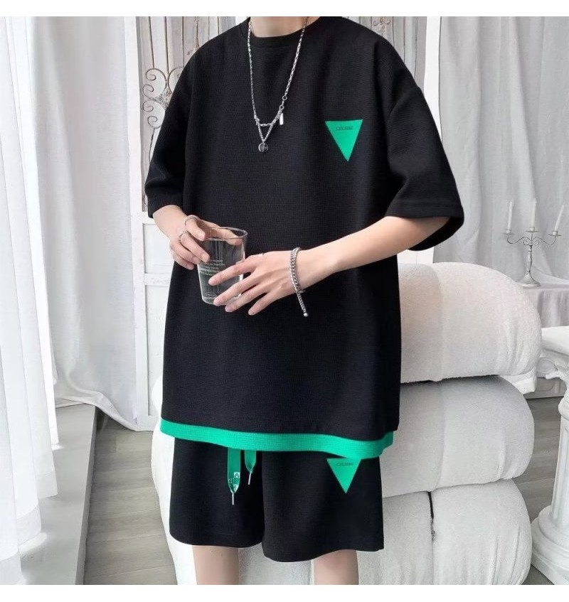 Men Casual Sports Colorblock Waffled Short Sleeve Round Neck T-Shirt Shorts Set