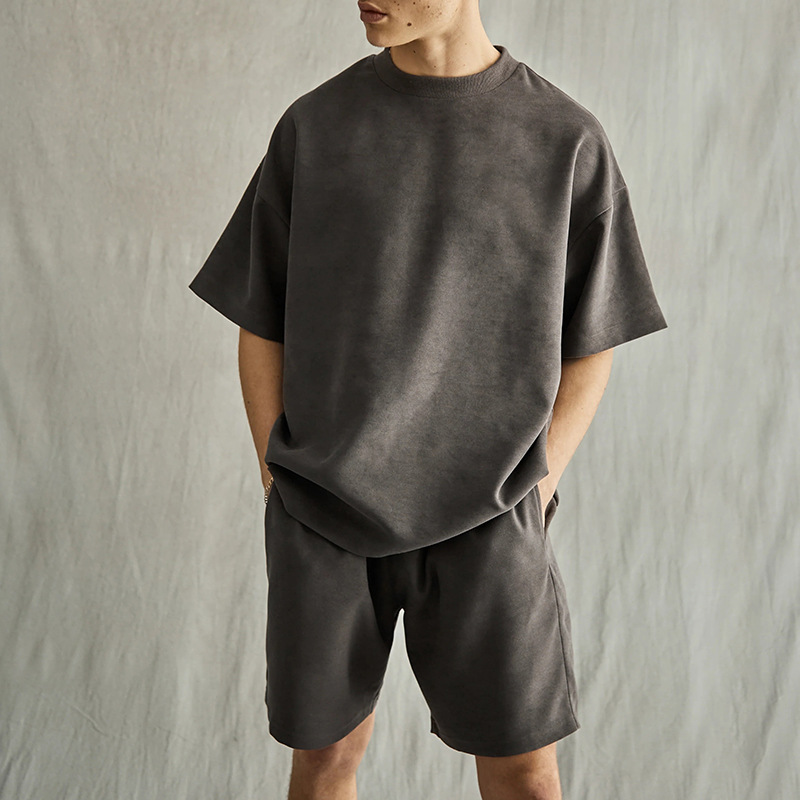 Men Summer Fashion Casual Solid Color Loose Short Sleeve Round Neck T-Shirt Shorts Set