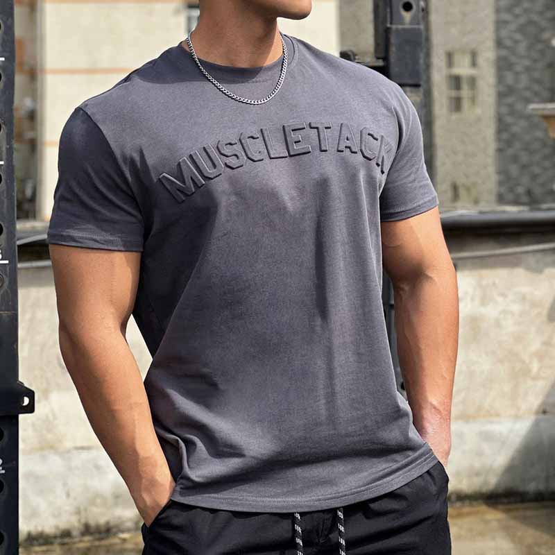 Men Fashion Casual Basic Solid Color Alphabet Short Sleeve Round Neck T-Shirt